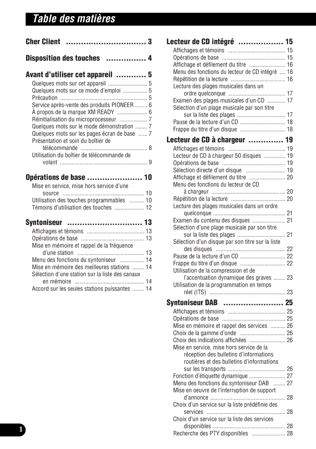 Pioneer DEH-P9300 operation manual Table des matières, Cher Client, Syntoniseur DAB 