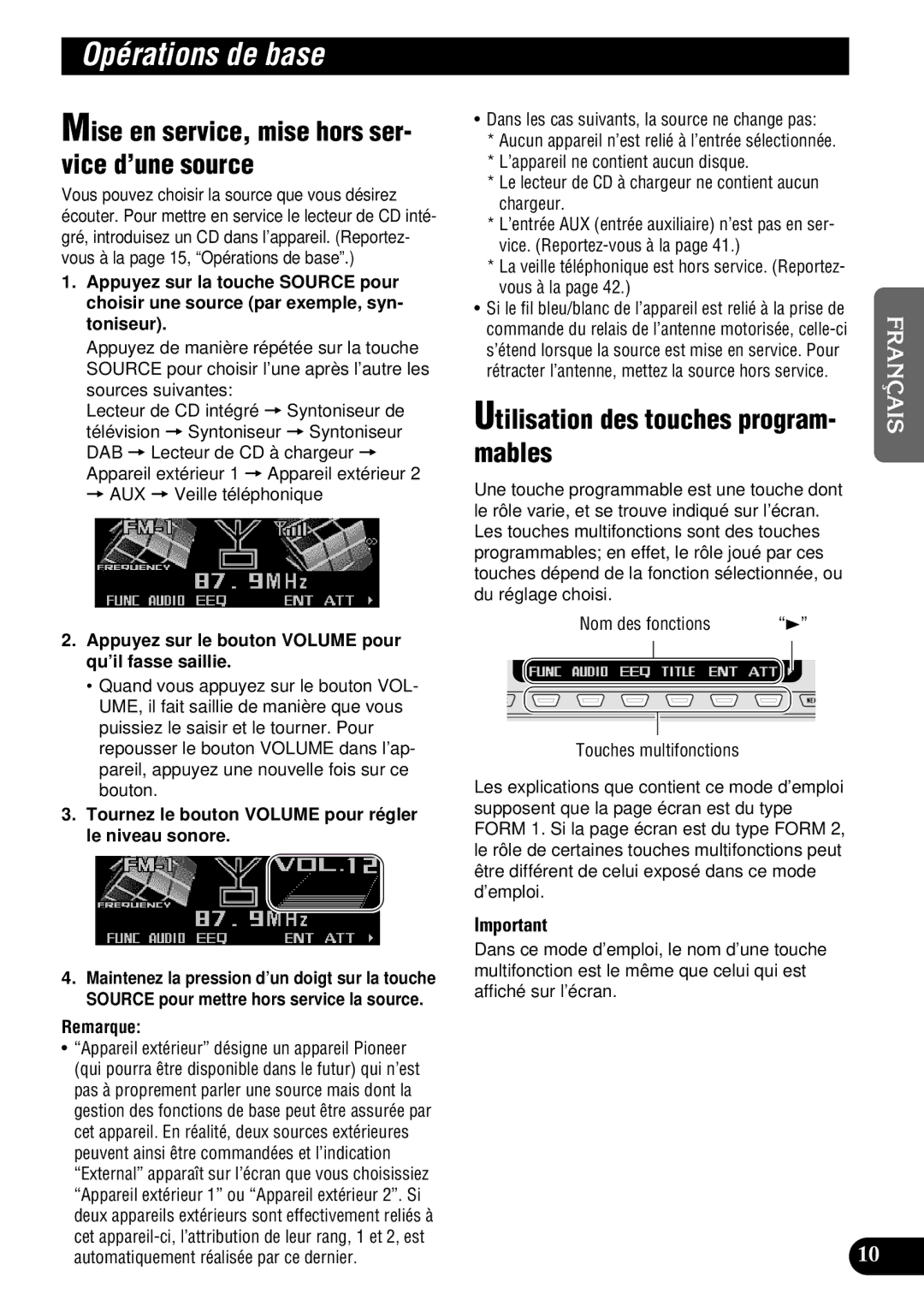 Pioneer DEH-P9300 operation manual Opérations de base, Mise en service, mise hors ser- vice d’une source, Mables 