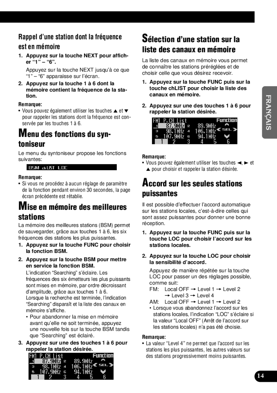 Pioneer DEH-P9300 operation manual Menu des fonctions du syn- toniseur, Mise en mémoire des meilleures stations 