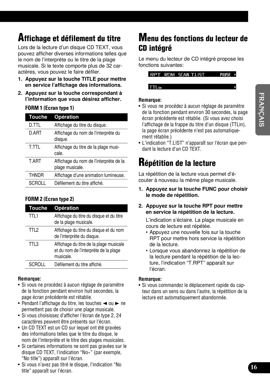 Pioneer DEH-P9300 Affichage et défilement du titre, CD intégré, Répétition de la lecture, Menu des fonctions du lecteur de 