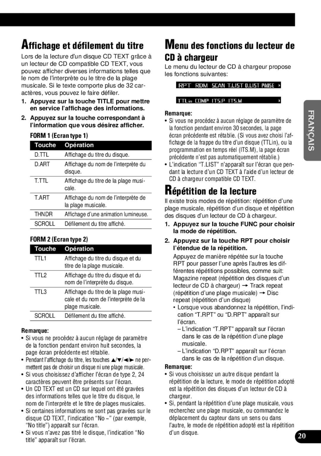 Pioneer DEH-P9300 operation manual CD à chargeur, Menu des fonctions du lecteur de, ’étendue de la répétition 