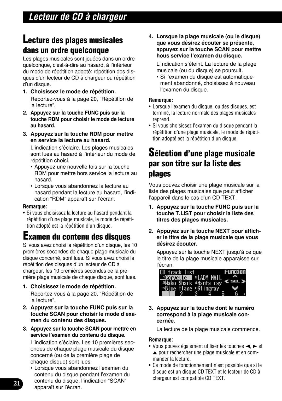 Pioneer DEH-P9300 operation manual Examen du contenu des disques, Lecture des plages musicales dans un ordre quelconque 