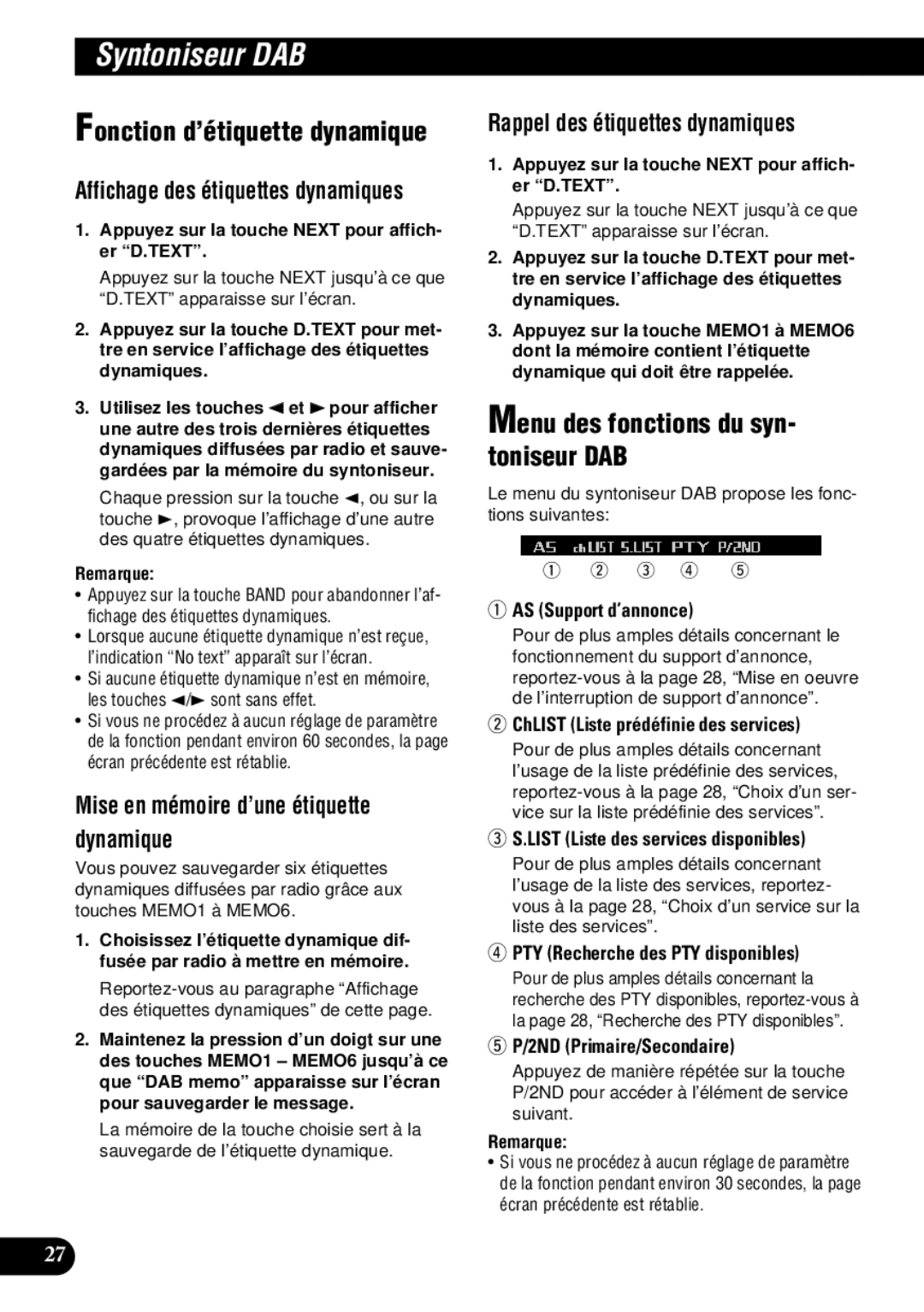 Pioneer DEH-P9300 operation manual Fonction d’étiquette dynamique, Menu des fonctions du syn- toniseur DAB 