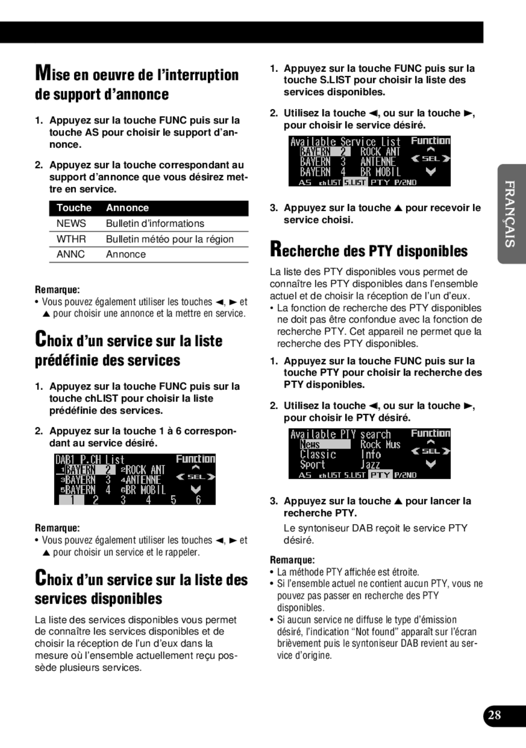 Pioneer DEH-P9300 Choix d’un service sur la liste des services disponibles, Recherche des PTY disponibles, Touche Annonce 