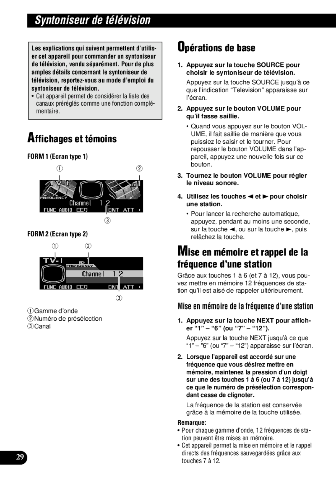 Pioneer DEH-P9300 operation manual Syntoniseur de télévision, QGamme d’onde WNuméro de présélection eCanal 