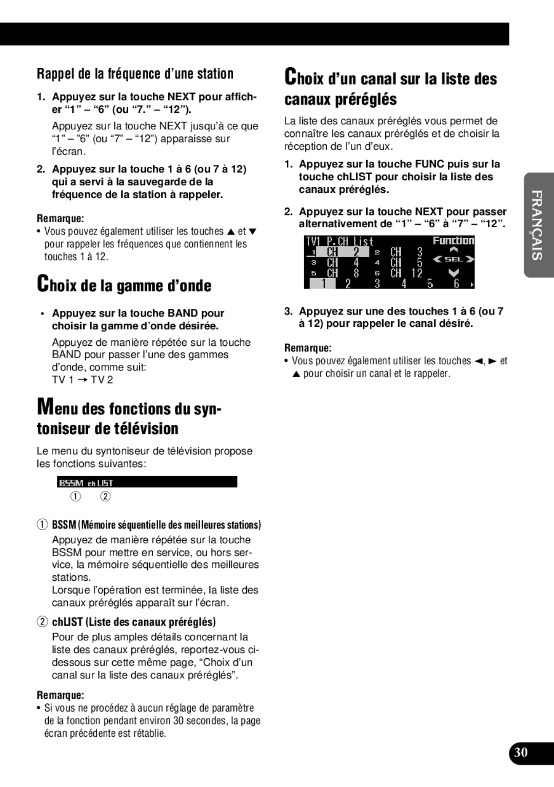 Pioneer DEH-P9300 Choix d’un canal sur la liste des canaux préréglés, Menu des fonctions du syn- toniseur de télévision 