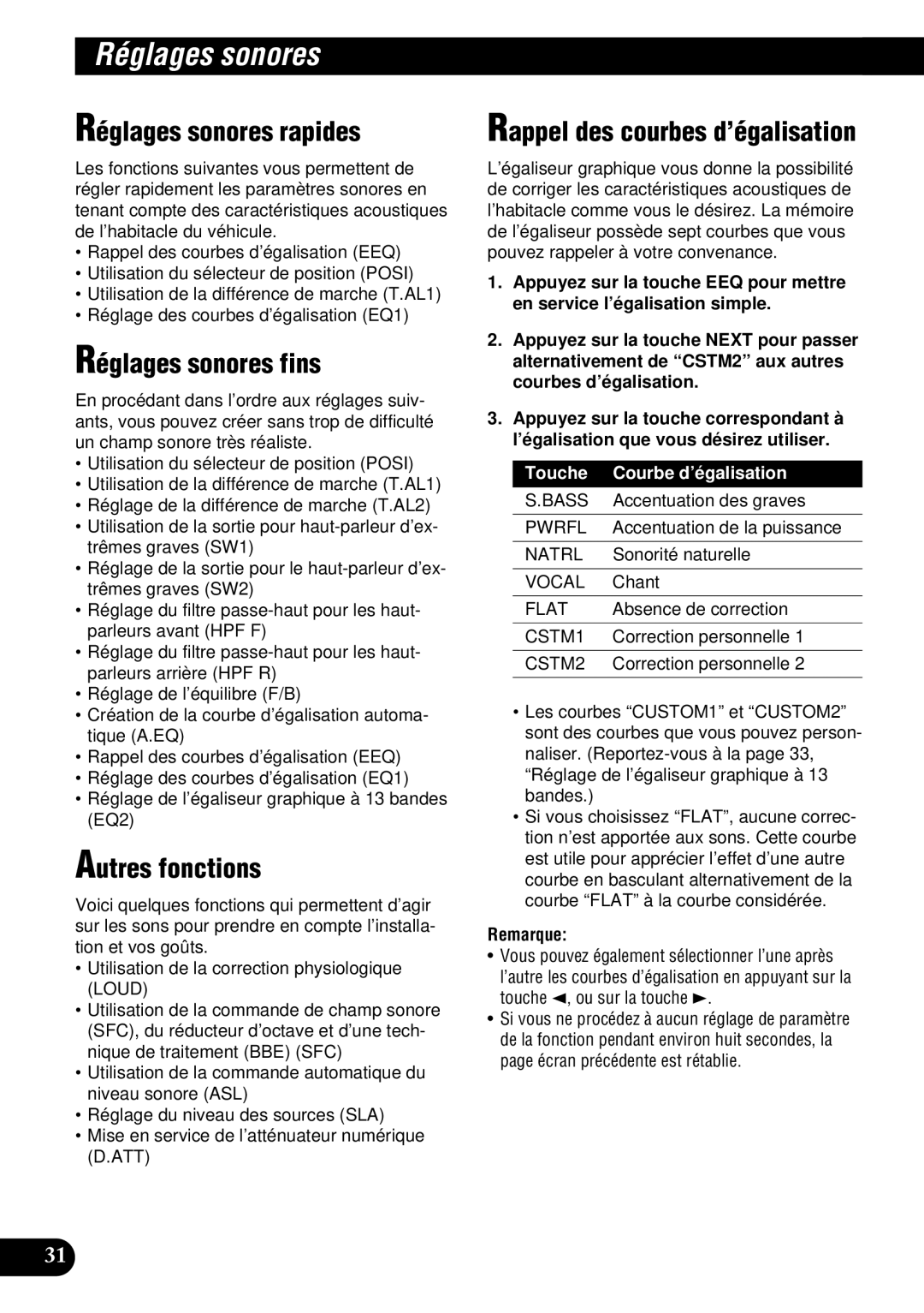 Pioneer DEH-P9300 Réglages sonores rapides, Réglages sonores fins, Autres fonctions, Rappel des courbes d’égalisation 