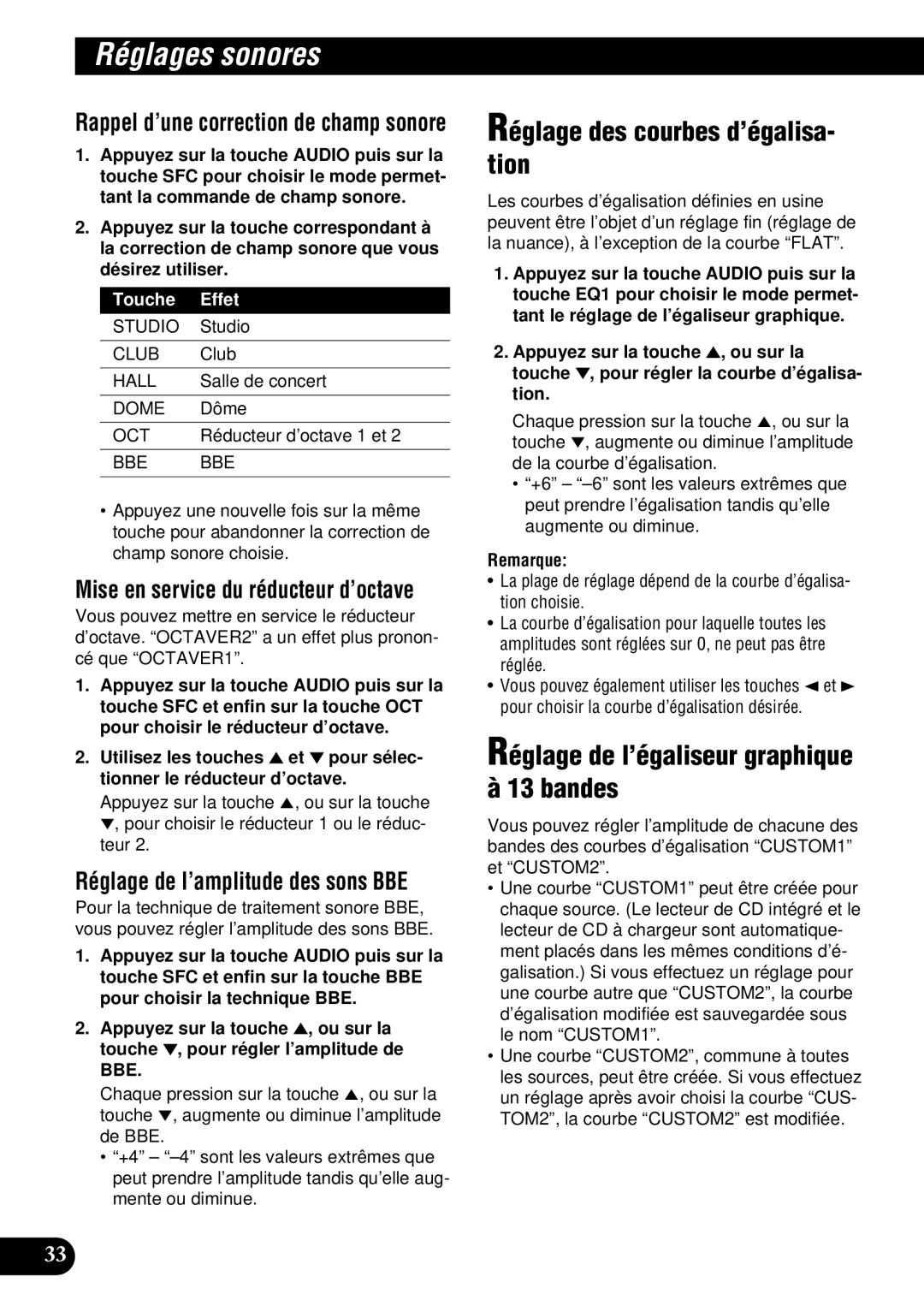 Pioneer DEH-P9300 operation manual Réglage des courbes d’égalisa- tion, Réglage de l’égaliseur graphique à 13 bandes 