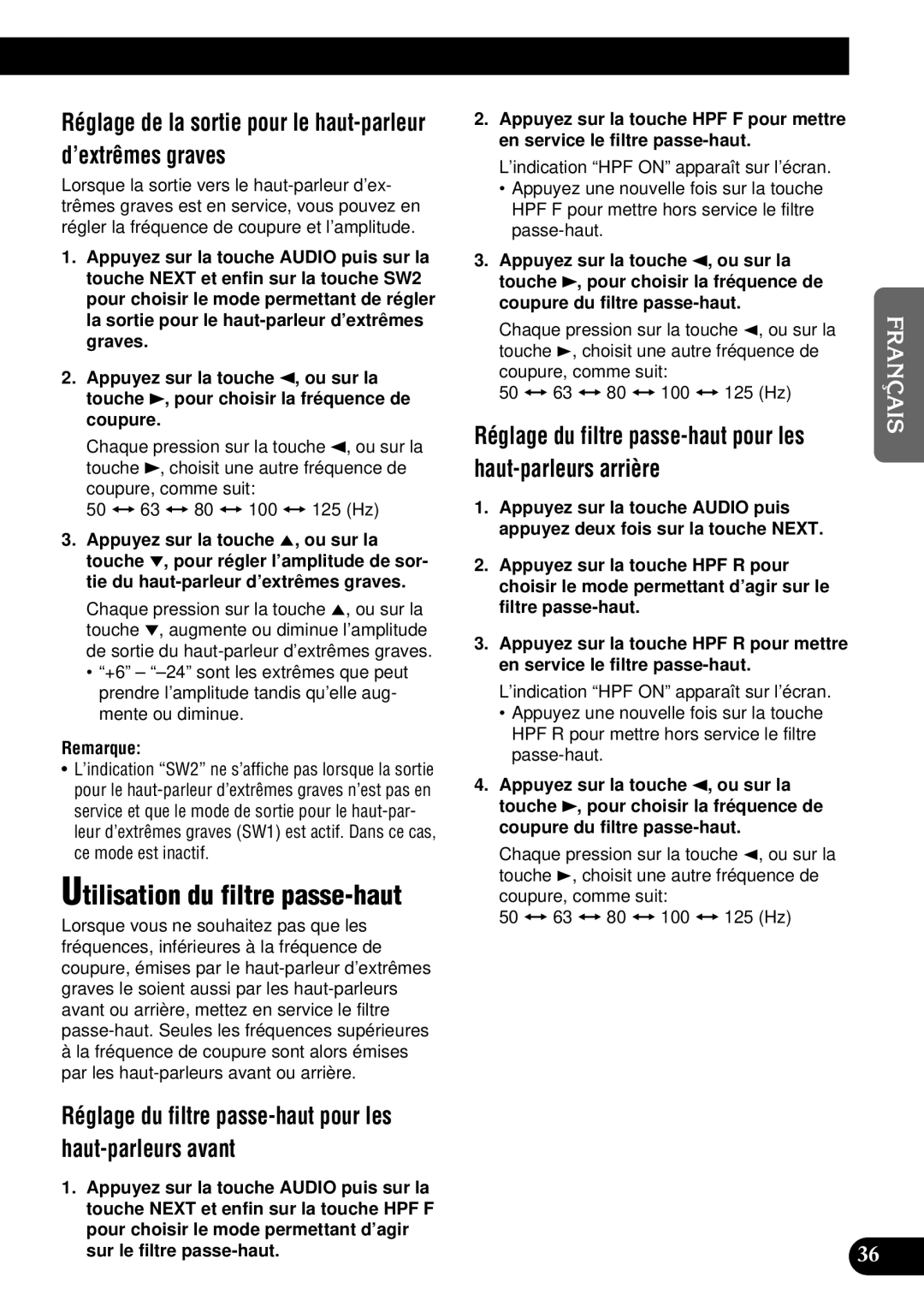 Pioneer DEH-P9300 Utilisation du filtre passe-haut, Réglage de la sortie pour le haut-parleur d’extrêmes graves 