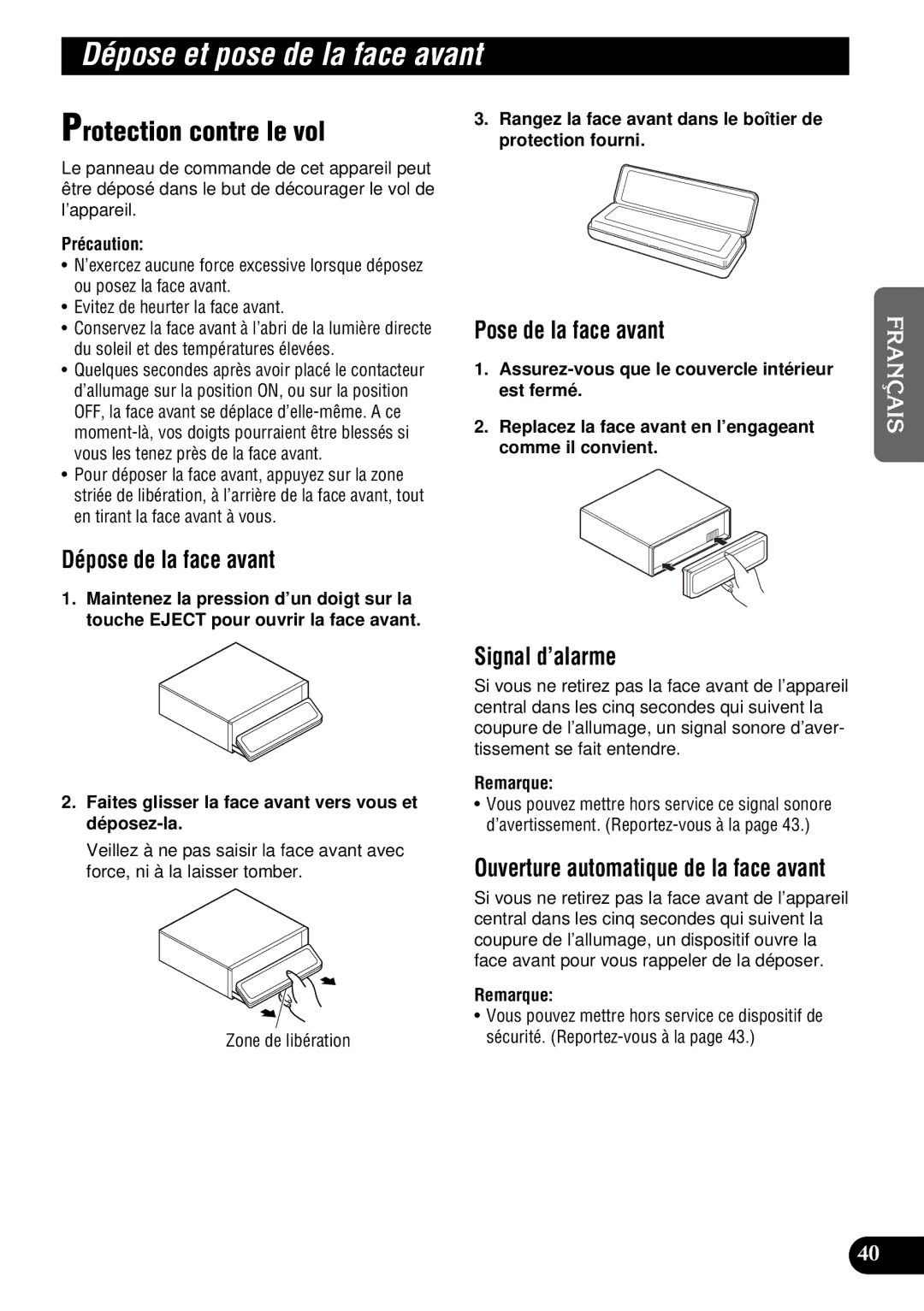 Pioneer DEH-P9300 Dépose et pose de la face avant, Protection contre le vol, Dépose de la face avant, Signal d’alarme 