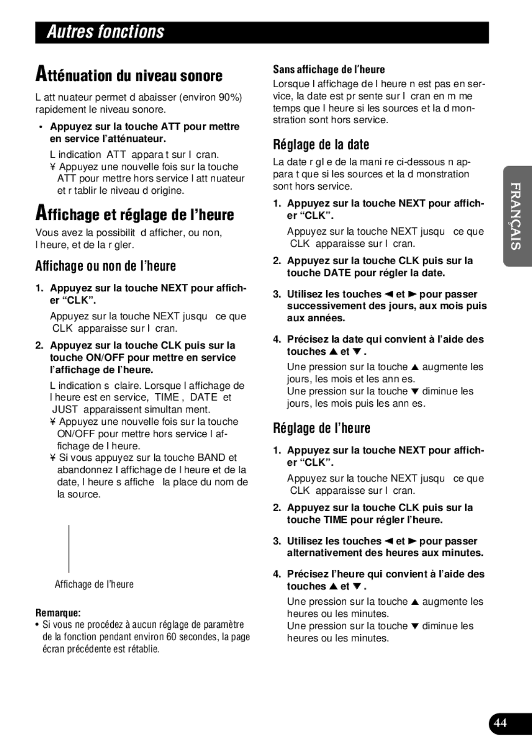 Pioneer DEH-P9300 operation manual Autres fonctions, Atténuation du niveau sonore, Affichage et réglage de l’heure 