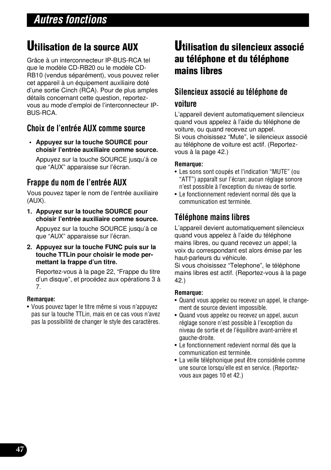 Pioneer DEH-P9300 Utilisation de la source AUX, Frappe du nom de l’entrée AUX, Silencieux associé au téléphone de voiture 