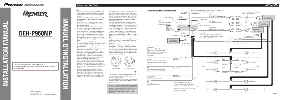 Pioneer DEH-P960MP installation manual English, Connection diagram for standard mode, Left 