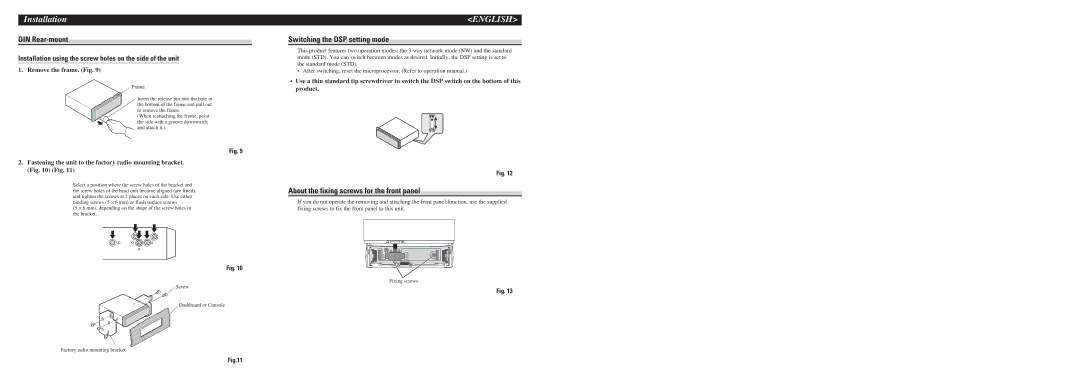 Pioneer DEH-P960MP DIN Rear-mount Switching the DSP setting mode, About the fixing screws for the front panel 