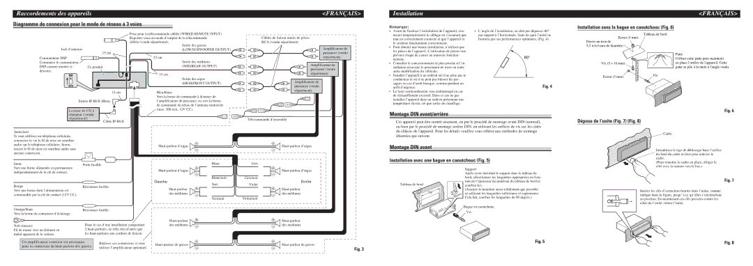 Pioneer DEH-P960MP installation manual Diagramme de connexion pour le mode de réseau à 3 voies, Montage DIN avant/arrière 