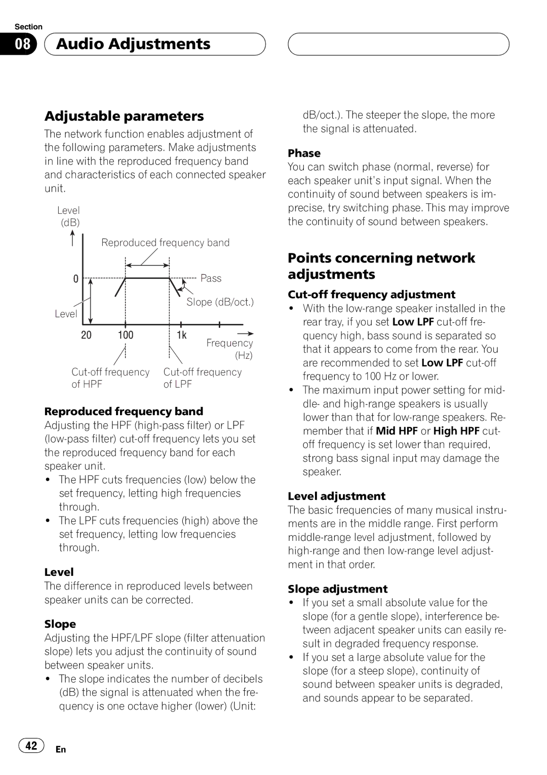 Pioneer DEH-P9650MP operation manual Level dB Reproduced frequency band Pass 