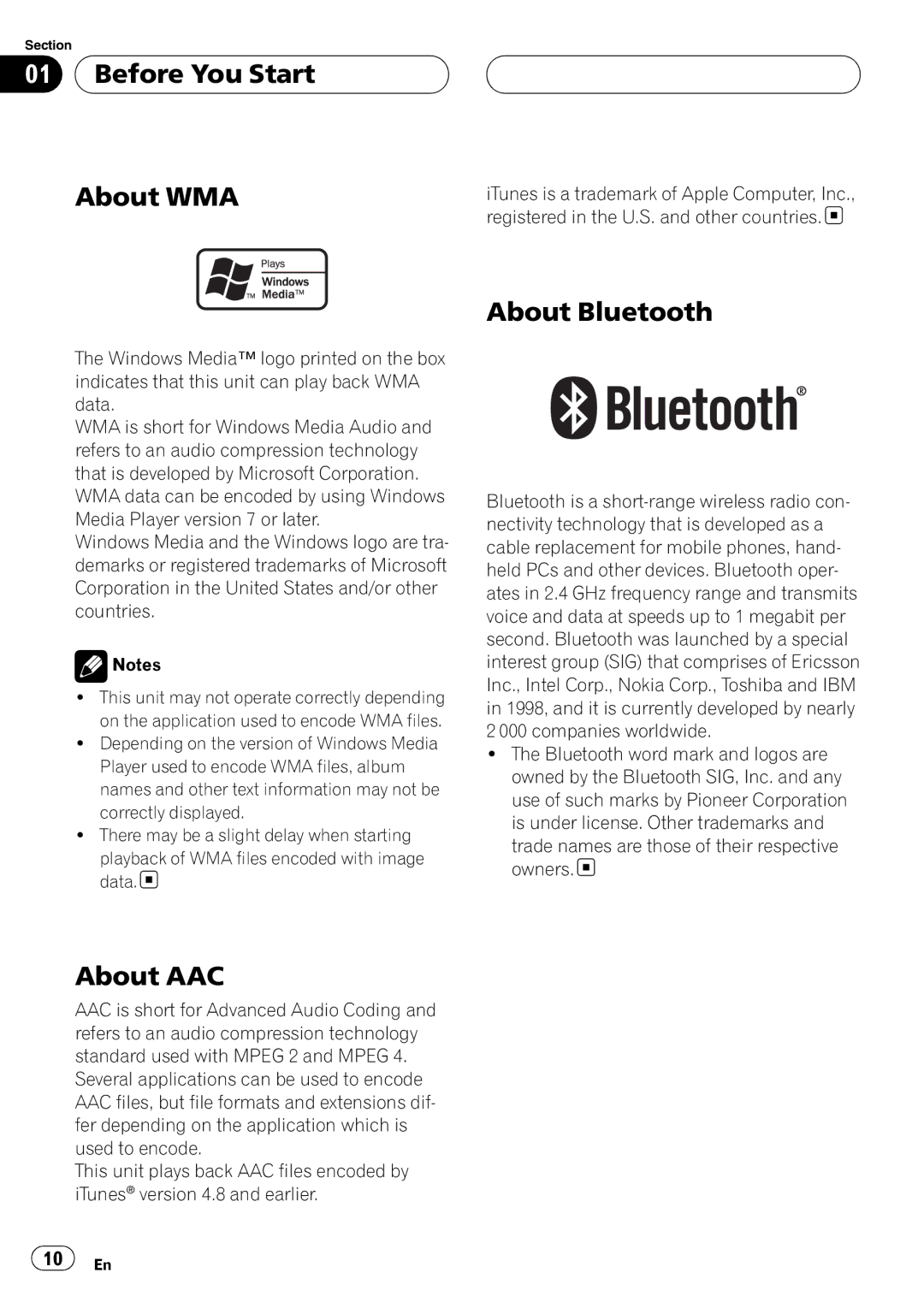 Pioneer DEH-P9800BT operation manual Before You Start About WMA, About Bluetooth, About AAC 