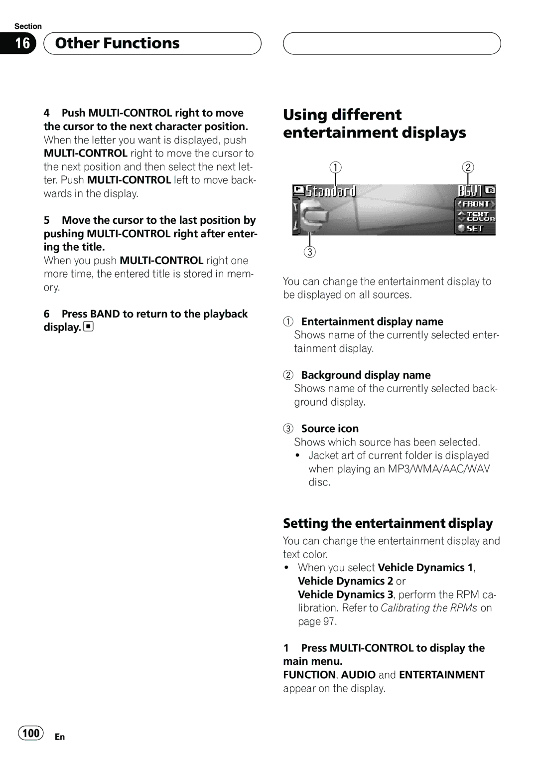 Pioneer DEH-P9800BT Other Functions, Using different entertainment displays, Setting the entertainment display, 100 En 