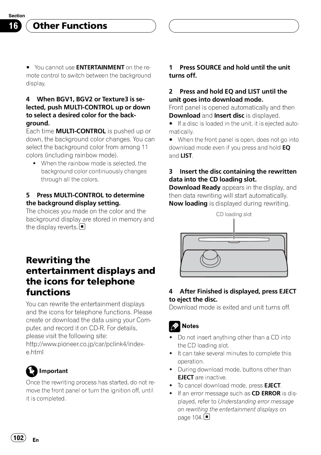 Pioneer DEH-P9800BT operation manual 102 En, On rewriting the entertainment displays on 