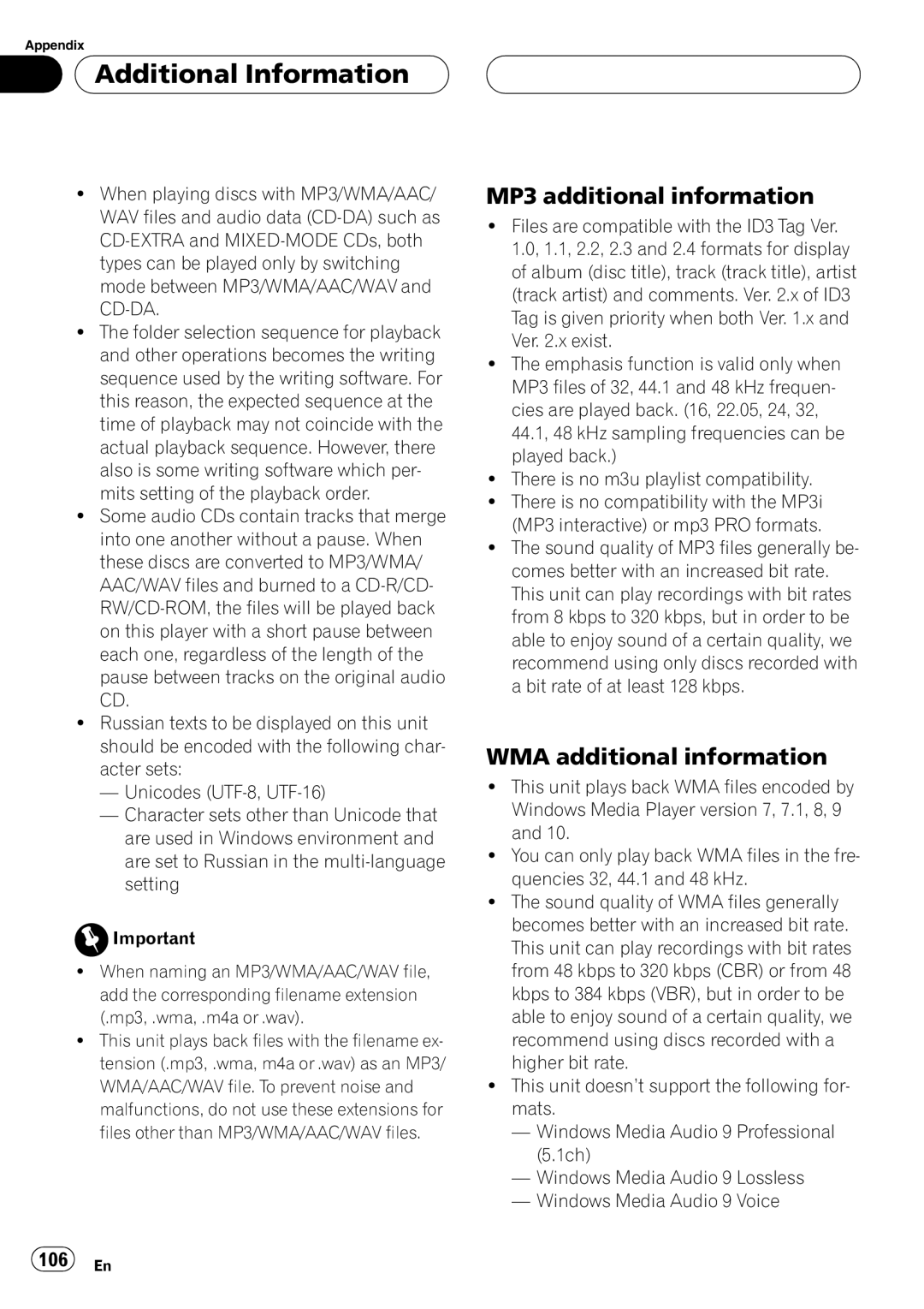 Pioneer DEH-P9800BT operation manual MP3 additional information, WMA additional information, 106 En 