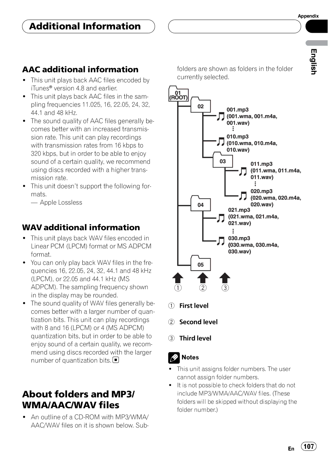 Pioneer DEH-P9800BT About folders and MP3/ WMA/AAC/WAV files, AAC additional information, WAV additional information 