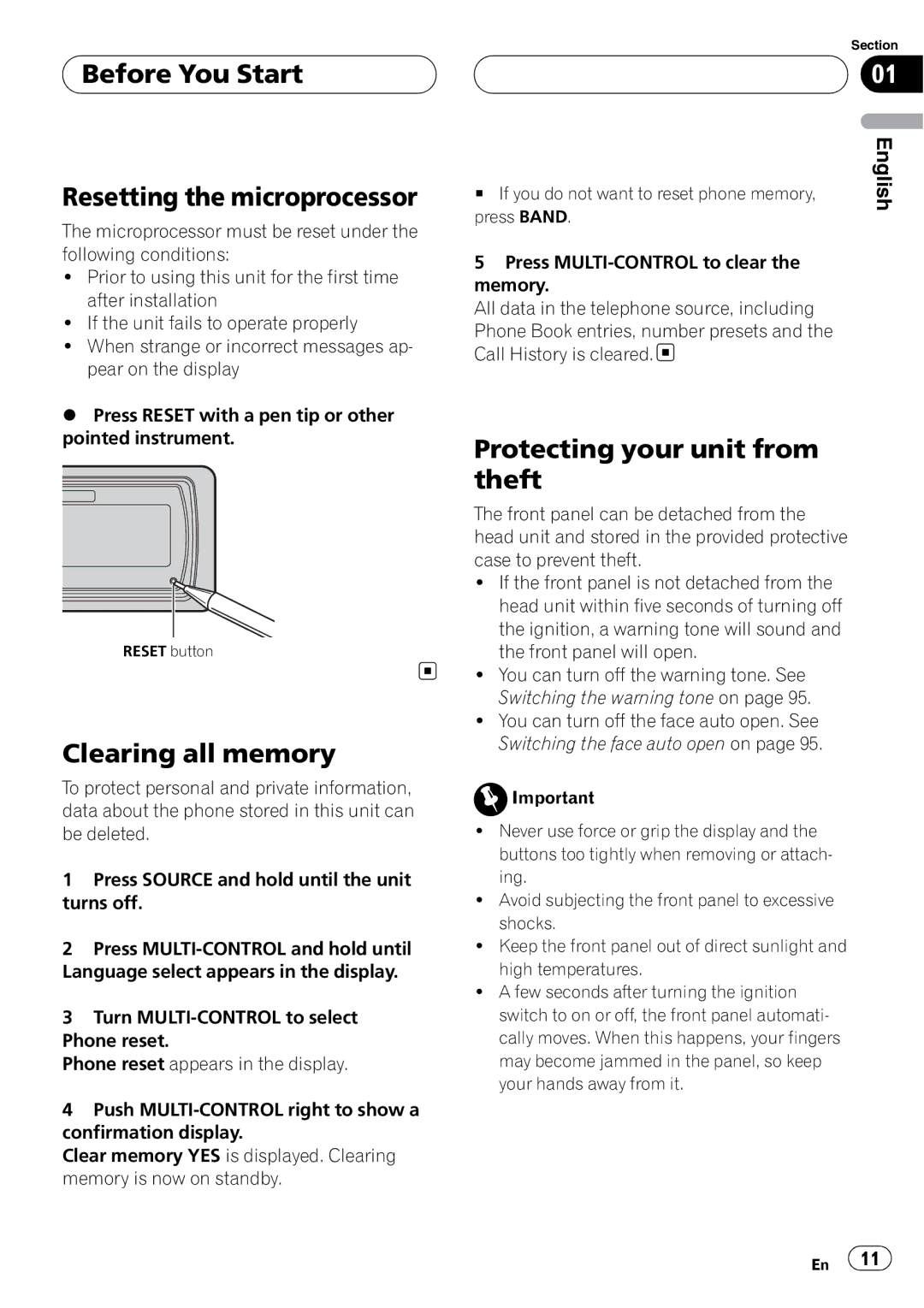 Pioneer DEH-P9800BT Before You Start Resetting the microprocessor, Clearing all memory, Protecting your unit from theft 