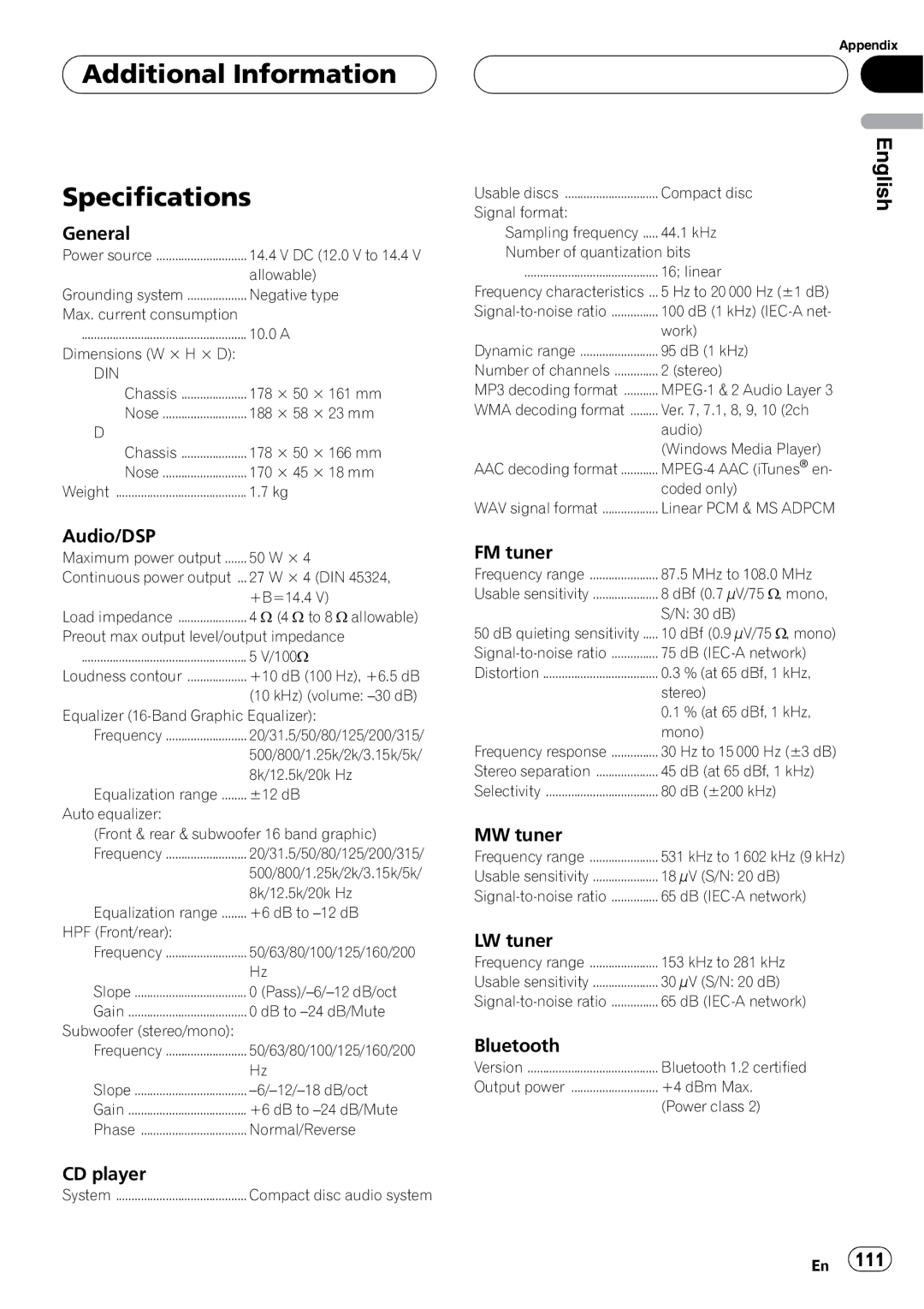 Pioneer DEH-P9800BT operation manual Additional Information Specifications 