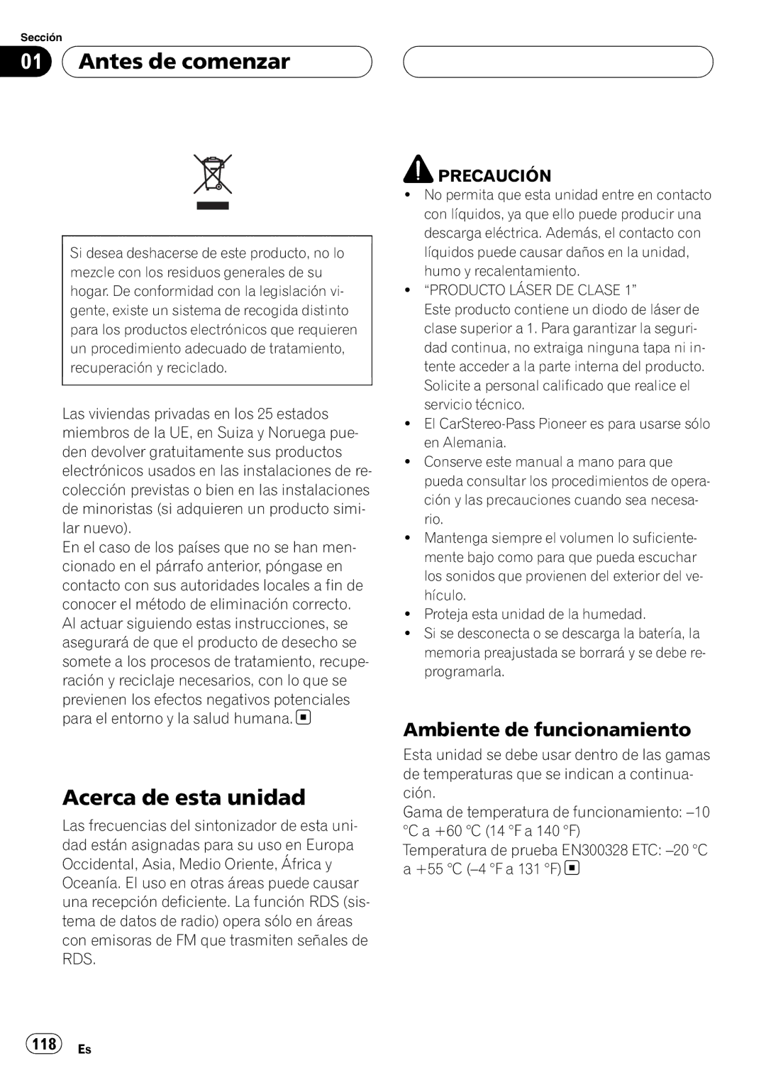 Pioneer DEH-P9800BT operation manual Antes de comenzar, Acerca de esta unidad, Ambiente de funcionamiento, 118 Es 