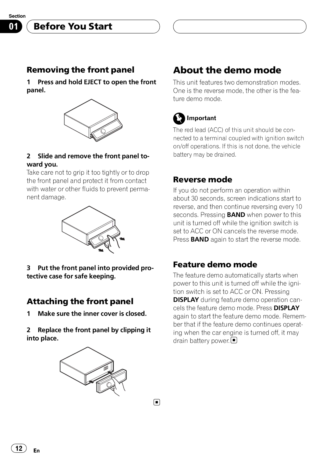 Pioneer DEH-P9800BT operation manual About the demo mode, Removing the front panel, Reverse mode, Attaching the front panel 