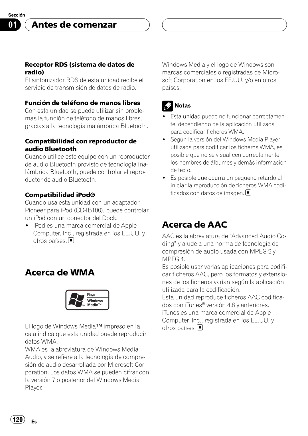 Pioneer DEH-P9800BT operation manual Acerca de WMA, Acerca de AAC, 120 Es 