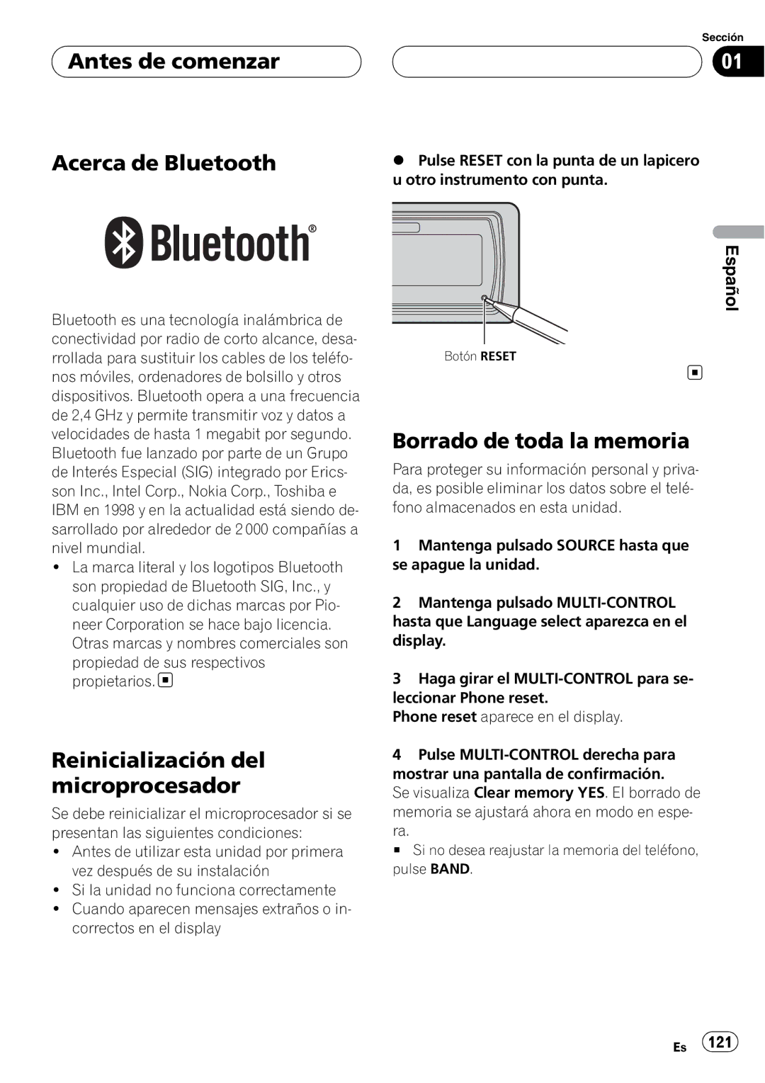 Pioneer DEH-P9800BT operation manual Antes de comenzar Acerca de Bluetooth, Reinicialización del microprocesador 