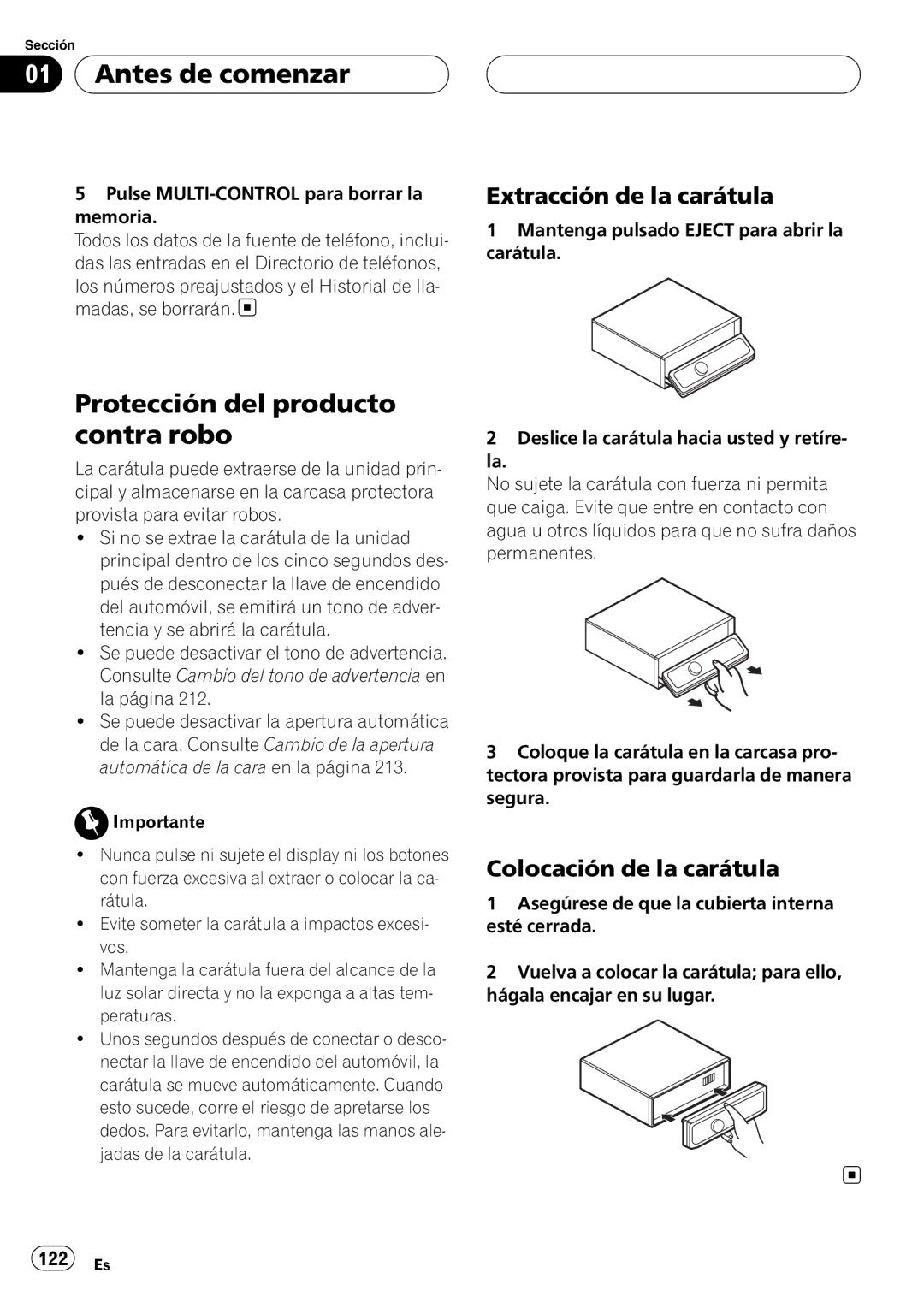 Pioneer DEH-P9800BT Protección del producto contra robo, Extracción de la carátula, Colocación de la carátula, 122 Es 