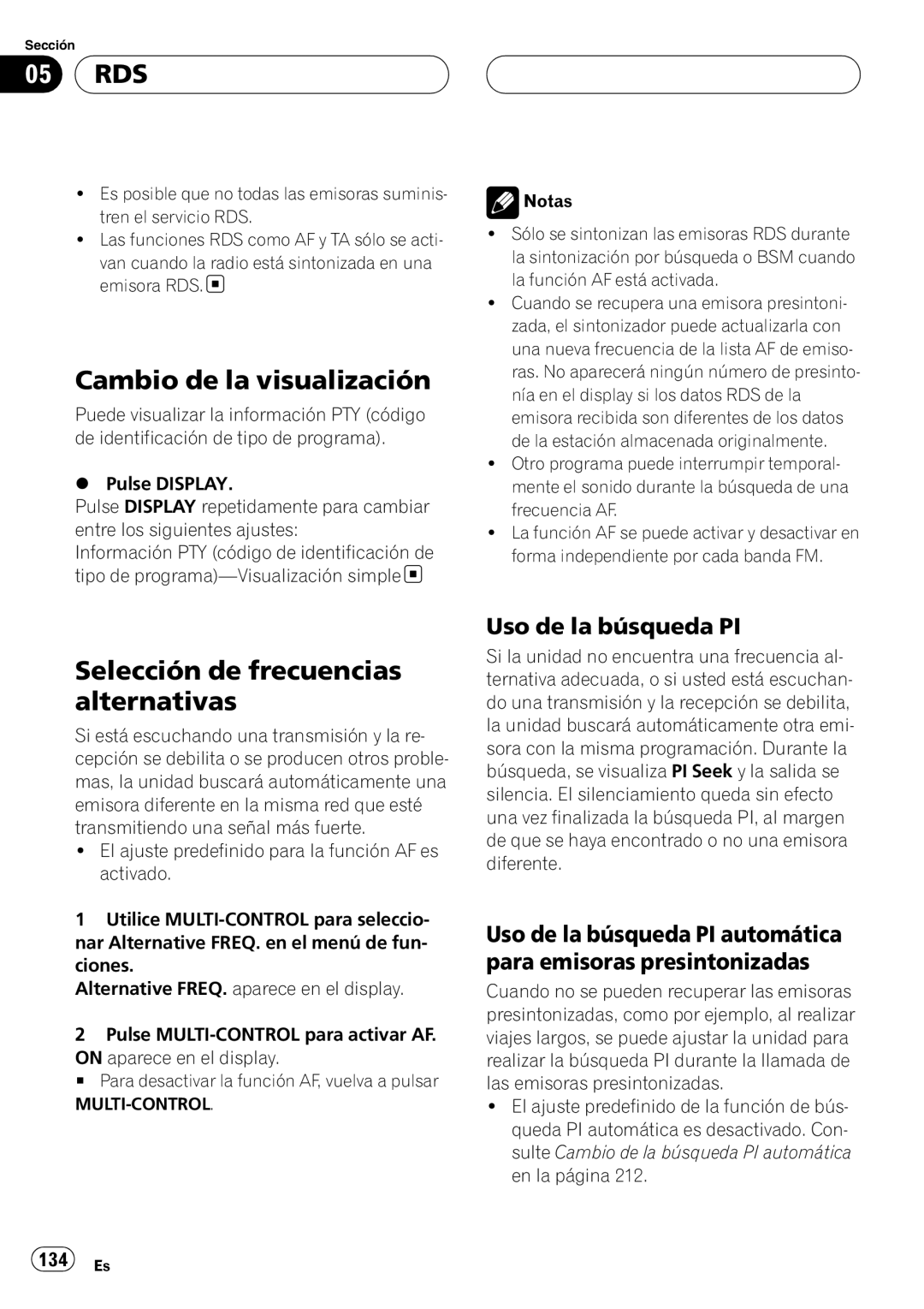 Pioneer DEH-P9800BT Cambio de la visualización, Selección de frecuencias alternativas, Uso de la búsqueda PI, 134 Es 