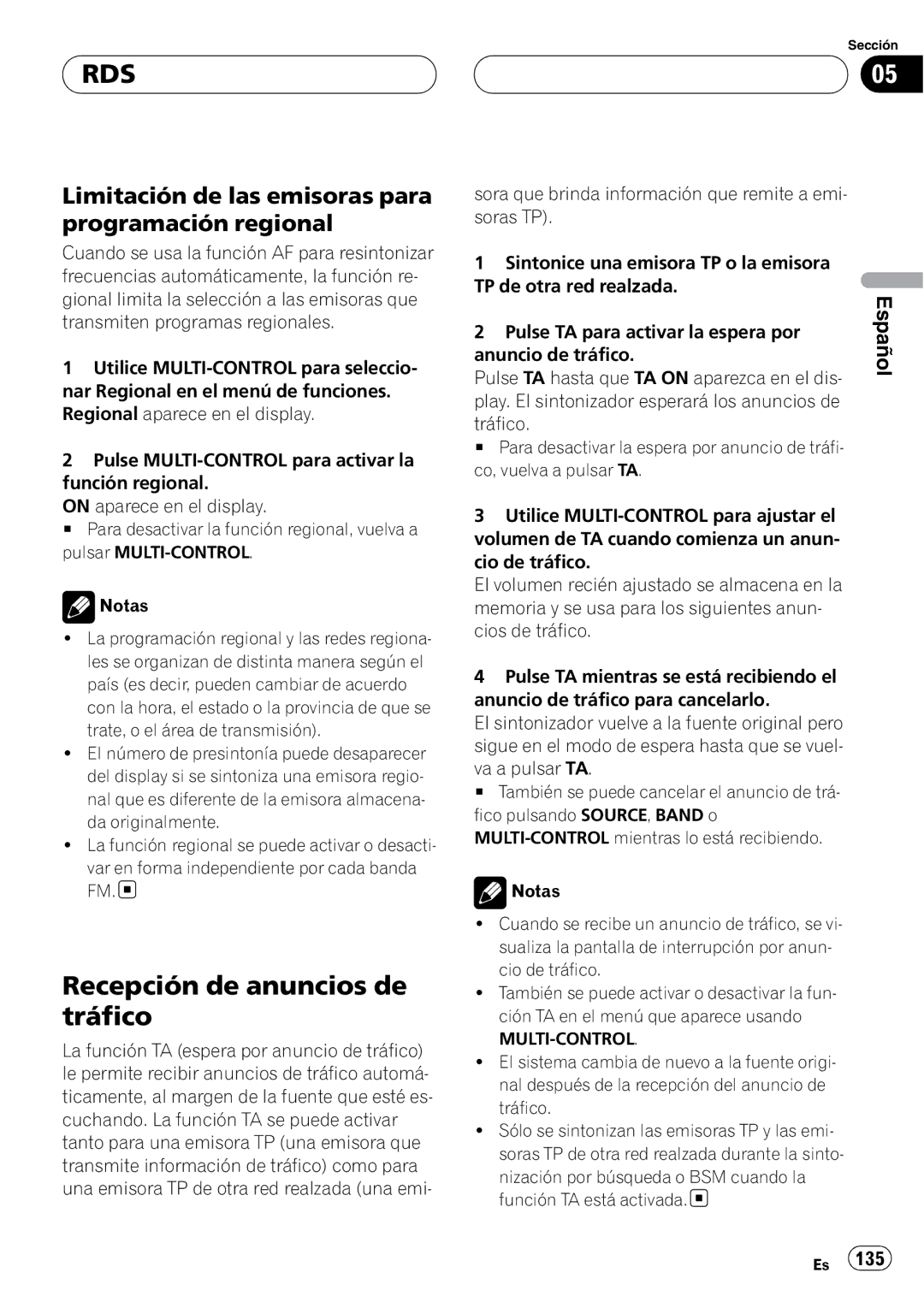 Pioneer DEH-P9800BT Recepción de anuncios de tráfico, Limitación de las emisoras para programación regional 