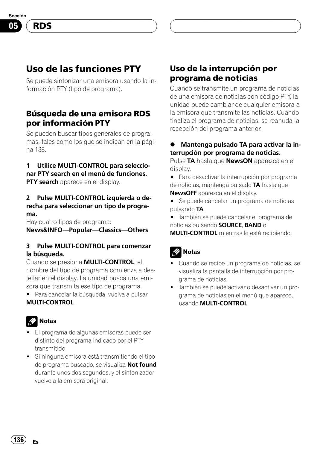 Pioneer DEH-P9800BT operation manual Uso de las funciones PTY, Búsqueda de una emisora RDS por información PTY, 136 Es 