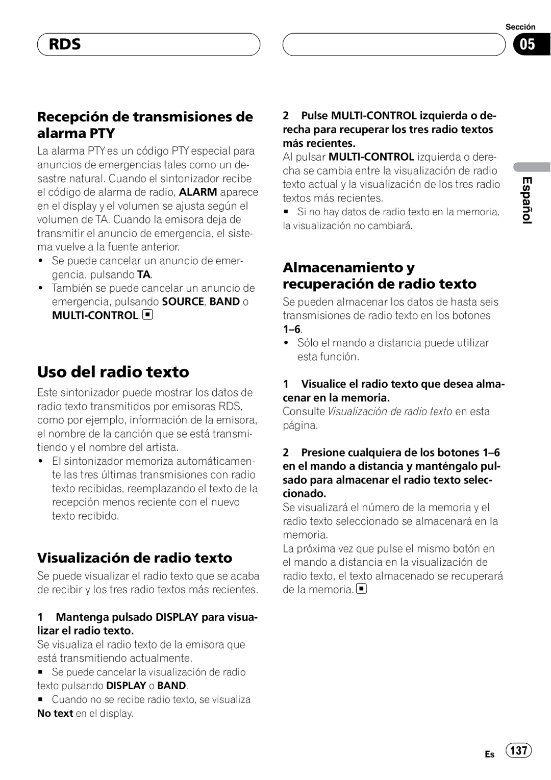 Pioneer DEH-P9800BT Uso del radio texto, Recepción de transmisiones de alarma PTY, Visualización de radio texto 