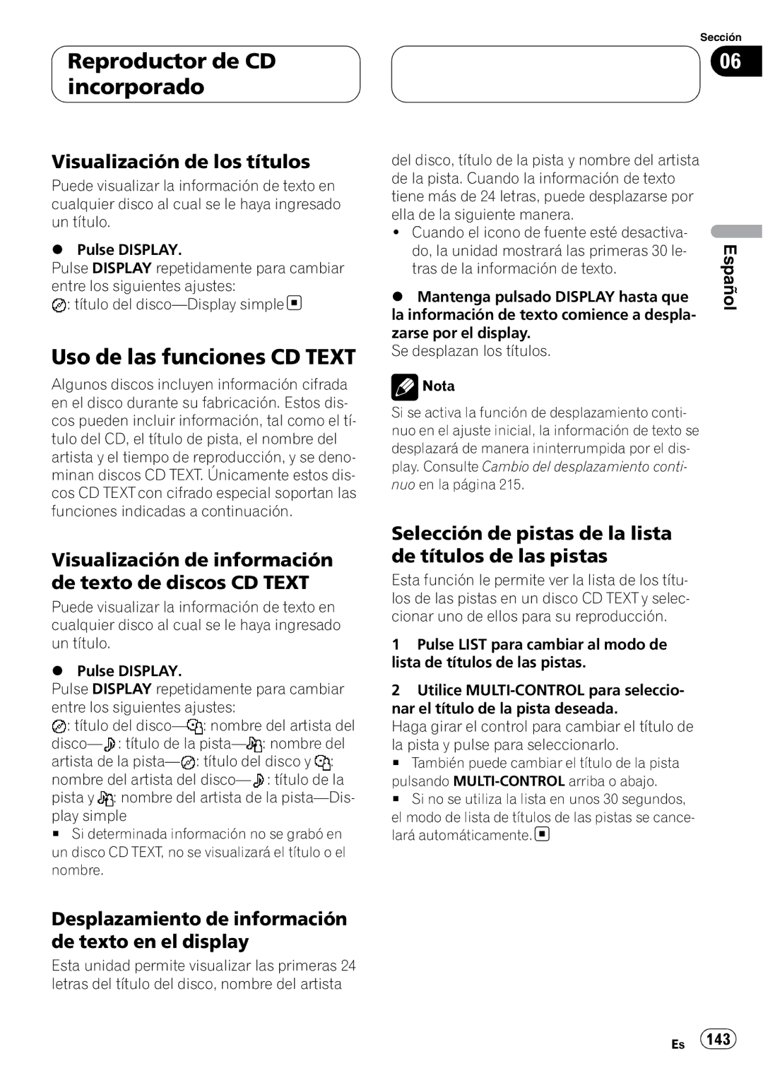 Pioneer DEH-P9800BT operation manual Uso de las funciones CD Text, Visualización de los títulos 