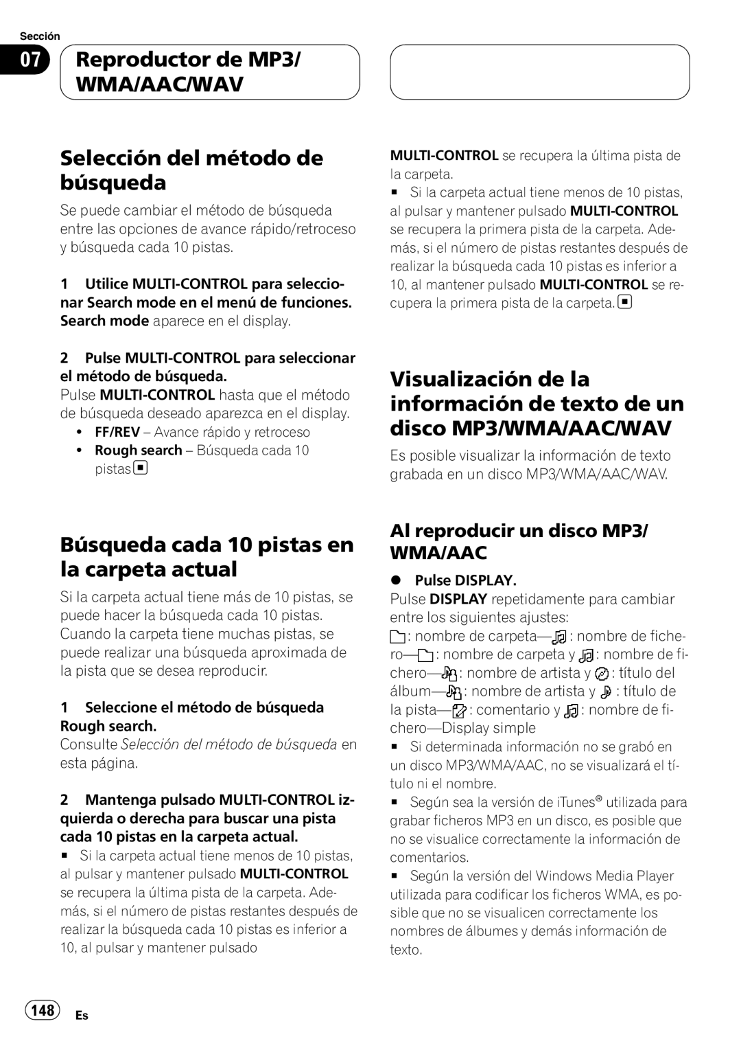 Pioneer DEH-P9800BT operation manual Búsqueda cada 10 pistas en la carpeta actual, Al reproducir un disco MP3, 148 Es 