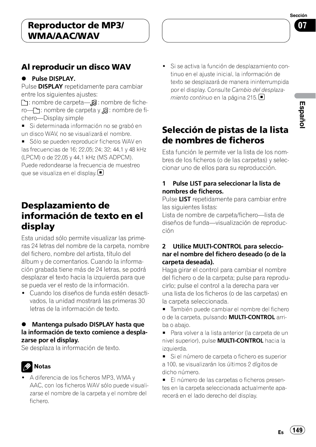 Pioneer DEH-P9800BT operation manual Desplazamiento de información de texto en el display, Selección de pistas de la lista 