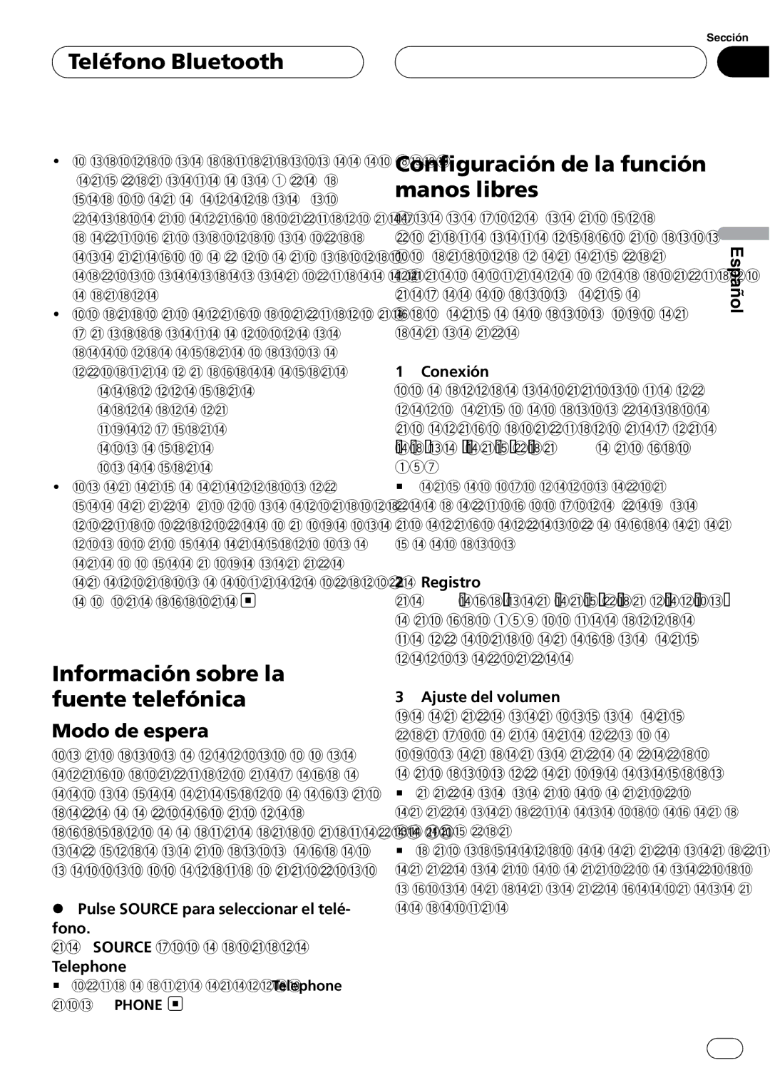 Pioneer DEH-P9800BT Teléfono Bluetooth, Información sobre la fuente telefónica, Configuración de la función manos libres 