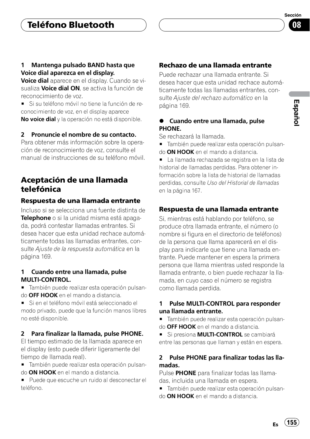 Pioneer DEH-P9800BT operation manual Aceptación de una llamada telefónica, Respuesta de una llamada entrante, Página 