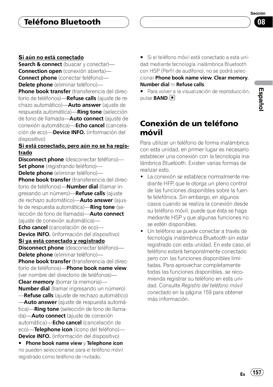 Pioneer DEH-P9800BT operation manual Conexión de un teléfono móvil, Pulse Band 