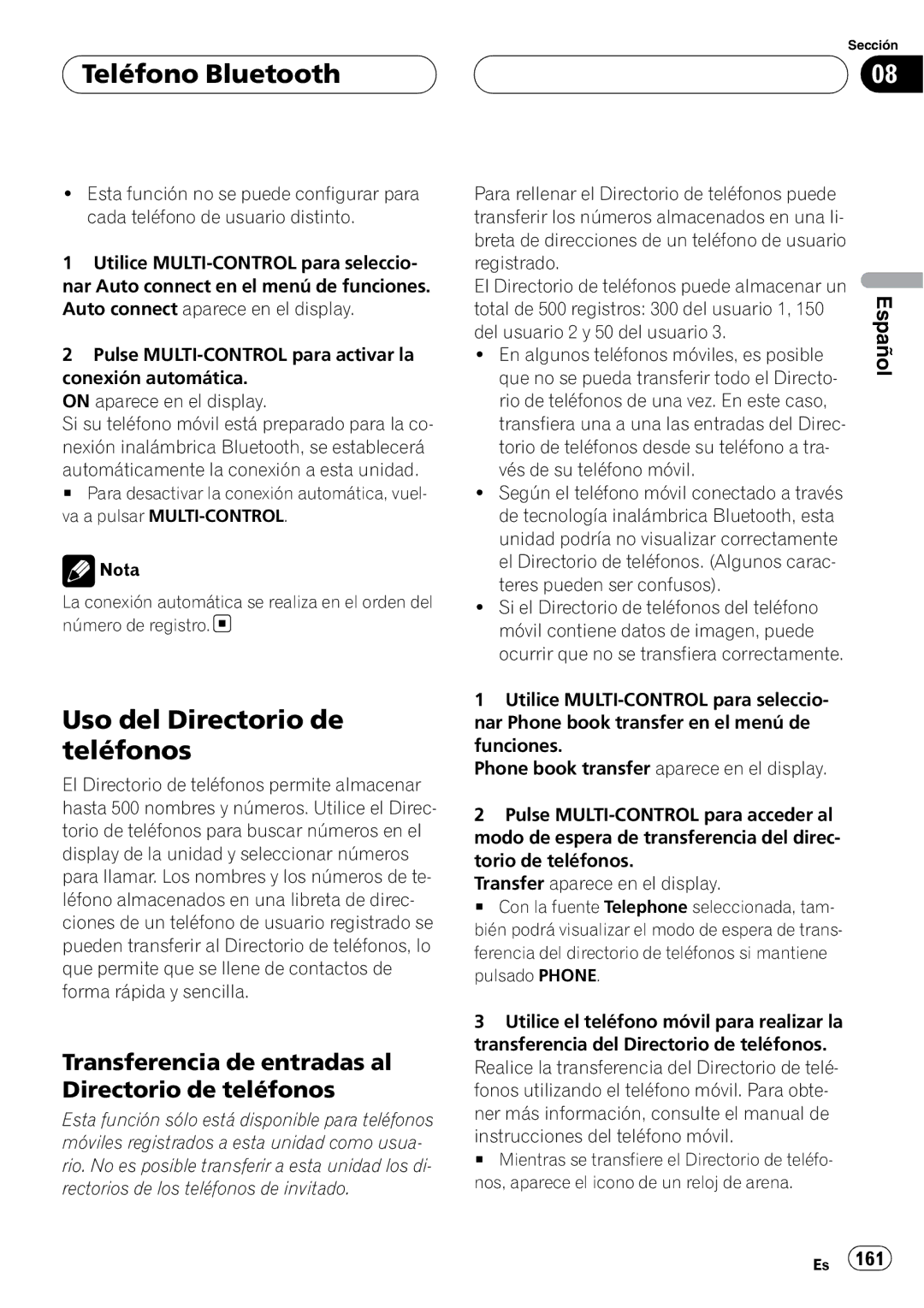 Pioneer DEH-P9800BT operation manual Uso del Directorio de teléfonos, Transferencia de entradas al Directorio de teléfonos 