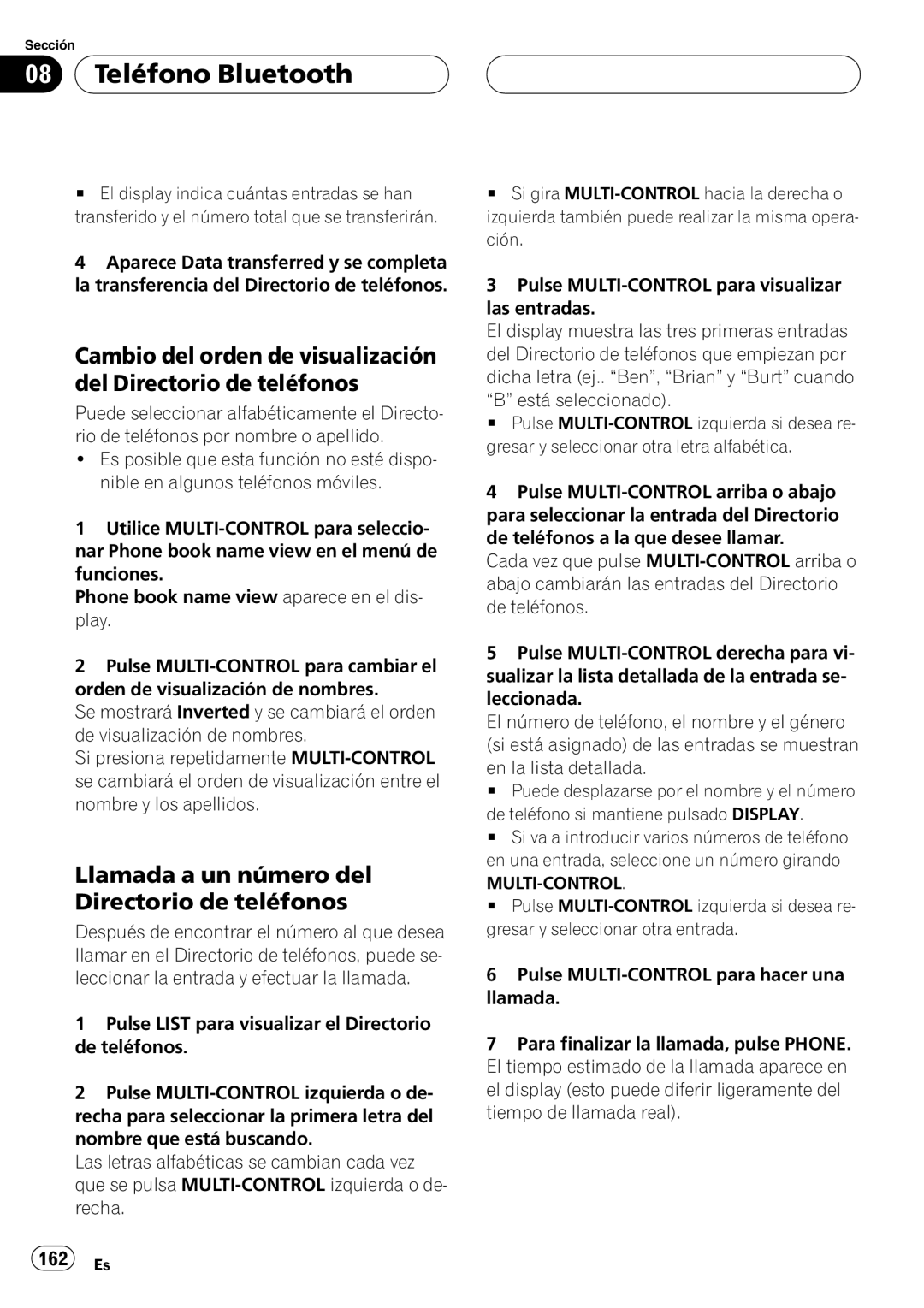 Pioneer DEH-P9800BT operation manual Llamada a un número del Directorio de teléfonos, 162 Es 