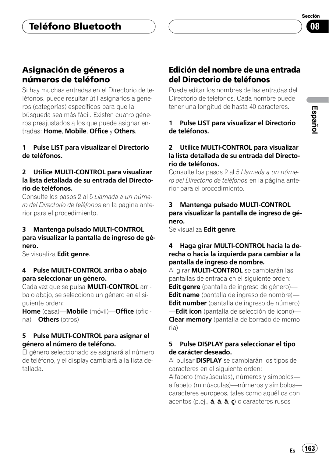 Pioneer DEH-P9800BT operation manual Asignación de géneros a números de teléfono 