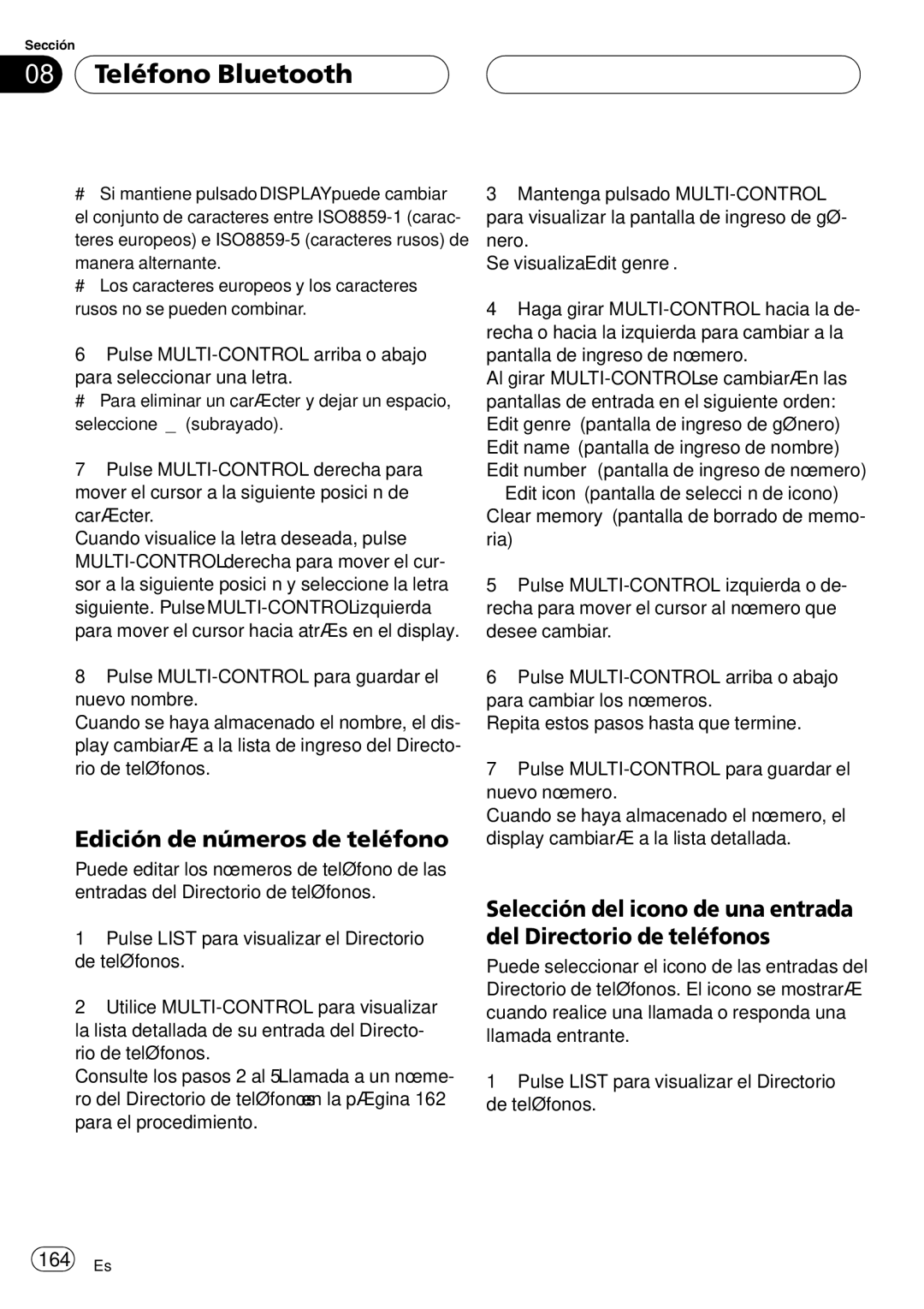 Pioneer DEH-P9800BT operation manual Edición de números de teléfono, 164 Es 