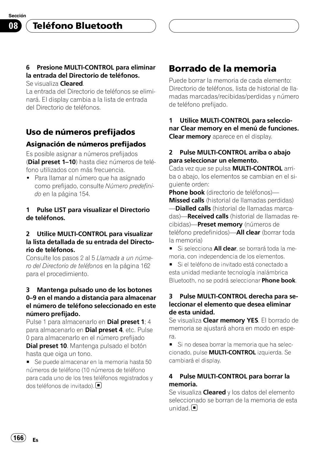 Pioneer DEH-P9800BT Borrado de la memoria, Uso de números prefijados, Asignación de números prefijados, 166 Es 