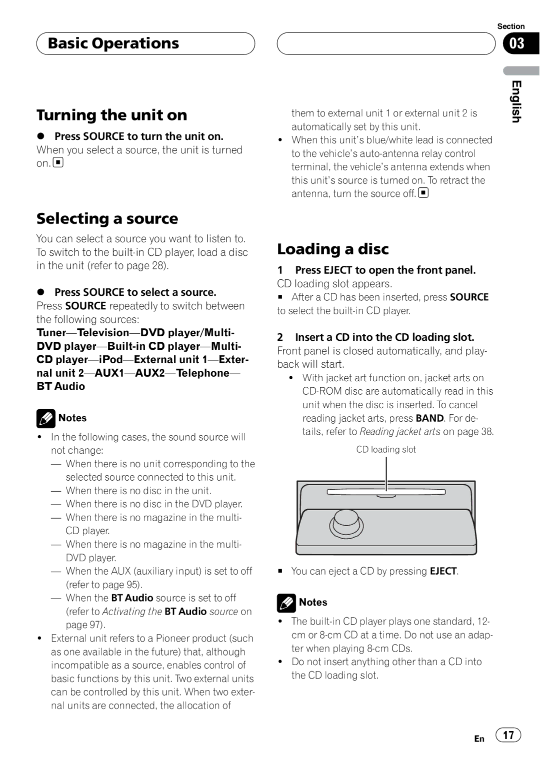 Pioneer DEH-P9800BT operation manual Basic Operations Turning the unit on, Selecting a source, Loading a disc 