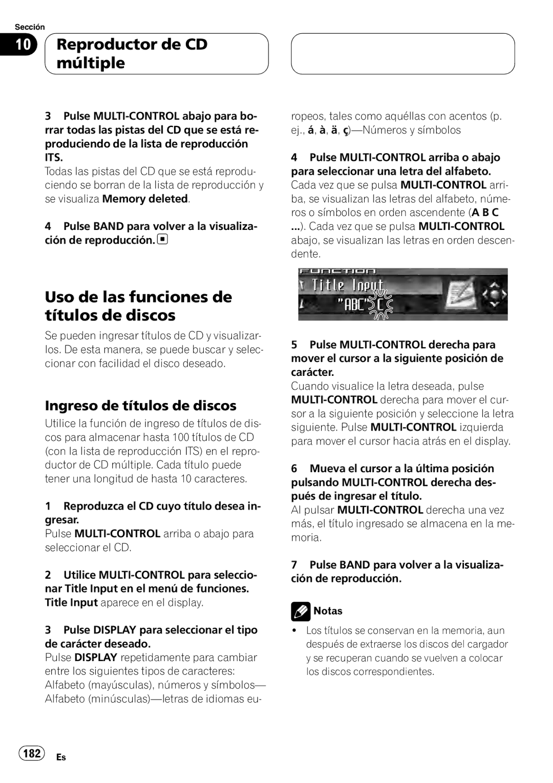 Pioneer DEH-P9800BT operation manual Uso de las funciones de títulos de discos, 182 Es 