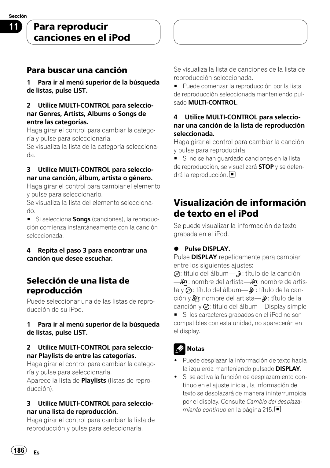 Pioneer DEH-P9800BT Para reproducir canciones en el iPod, Visualización de información de texto en el iPod, 186 Es 